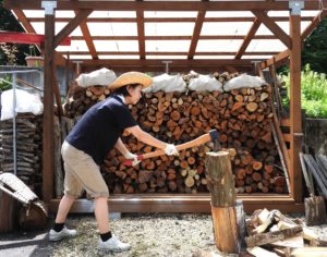 薪割りをする女性